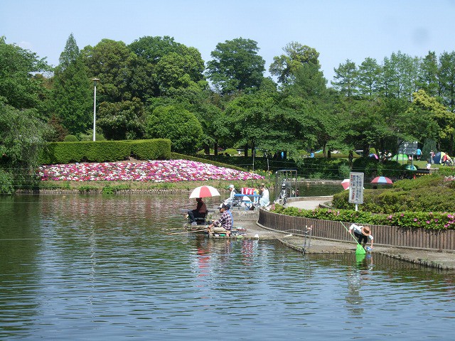 花壇に花が咲き、釣りを楽しむ池もあります
