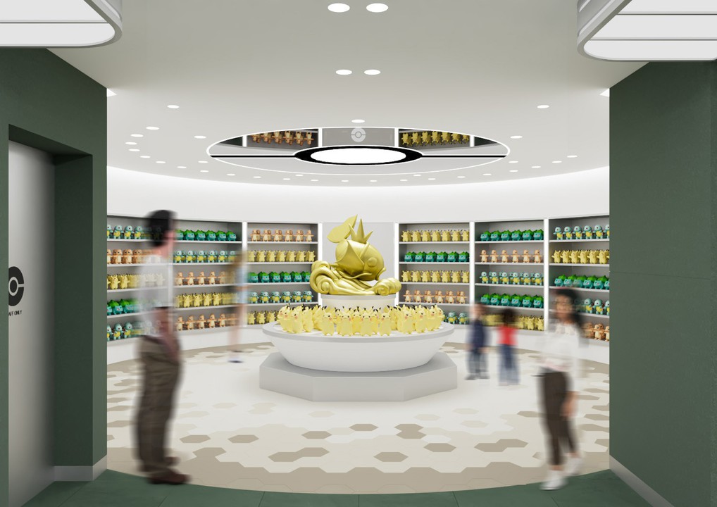 ポケモンセンターの店内。金のコイキング像が中央に見える