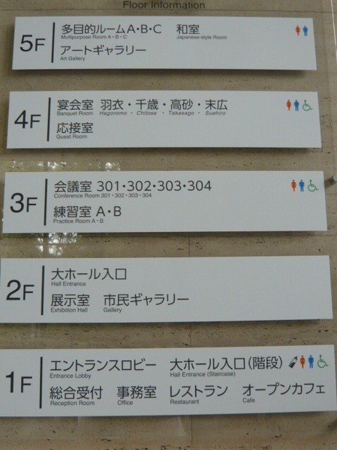 戸田市文化会館のフロアー案内です。５階建ての大きな会館です。