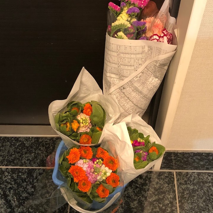 買って来た花。お墓参り用の手前３つは各300円。