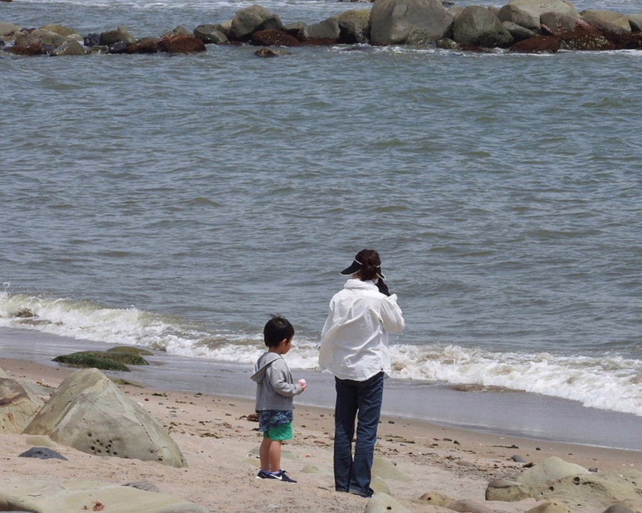 親子が海を見つめていました