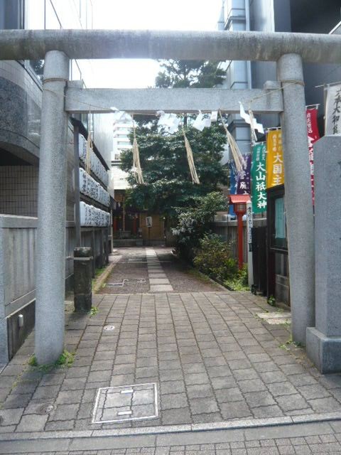 朝日神社の本社殿は、小径の奥にあります。周囲は高層化の建物